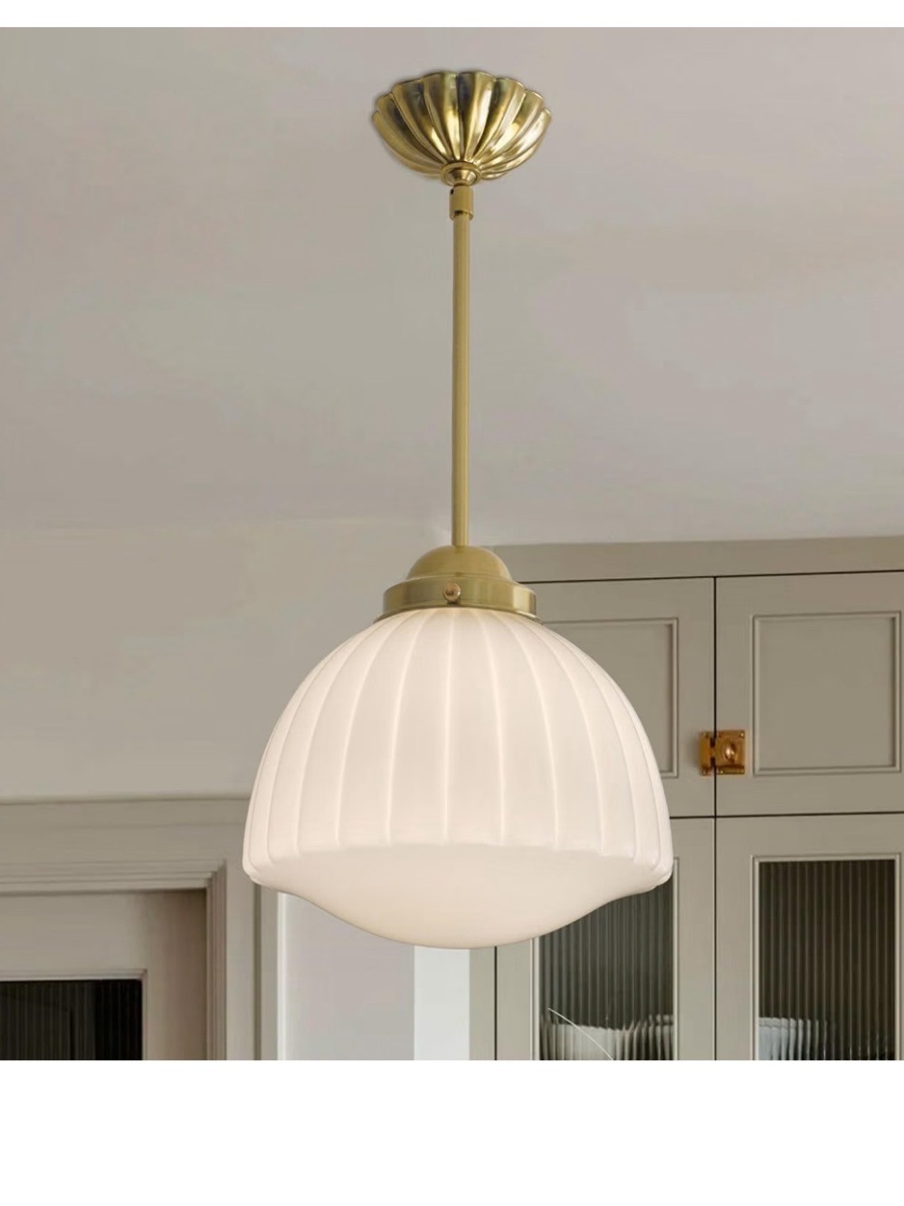 NIB Milk Glass Pendant Light 11" Brass Semi Flush Mount Pendant Light Fixture
